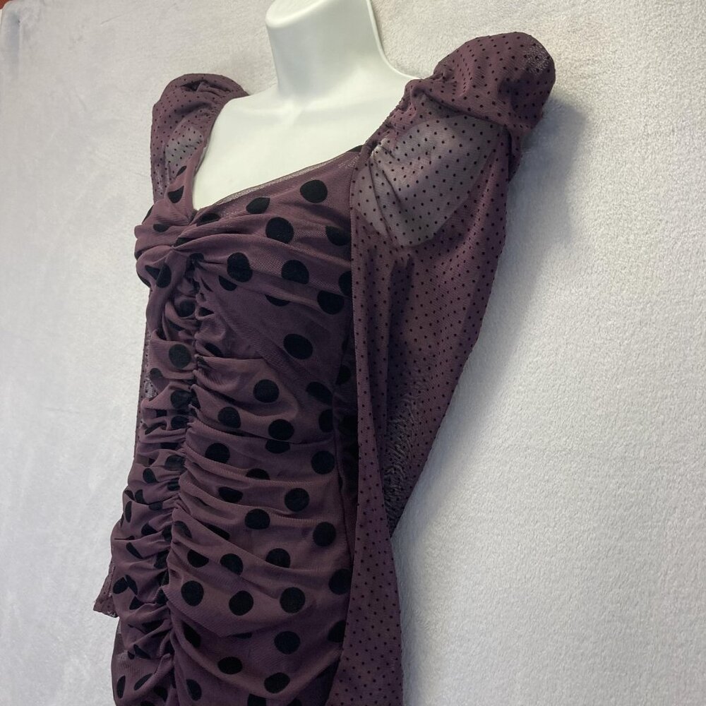 UNITEDWOOD Puff Sleeve Ruched Mesh Dress Womens 4 Purple Black Polka Dot Bodycon - Picture 3 of 14
